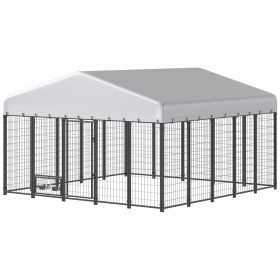 9.8 x 9.8 x 6 Outdoor Dog Kennel, Dog Kennel Outside Run with 360° Rotating Bowls, Waterproof & UV Resistant Cover