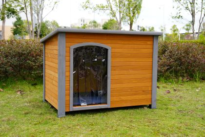 45  Winter Warm Outdoor Indoor Dog House, Made Of Solid Wood, Plastic Curtain, Insulation Mat.