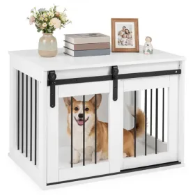 31.5" Dog Crate Furniture With Sliding Barn Door, Wooden Dog Kennel End Table For Indoor Use - White