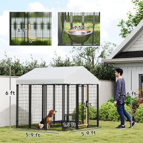 5.9' X 5.9' X 6' Outdoor Dog Kennel With Roof, Rotating & 4-Level Adjustable Bowls